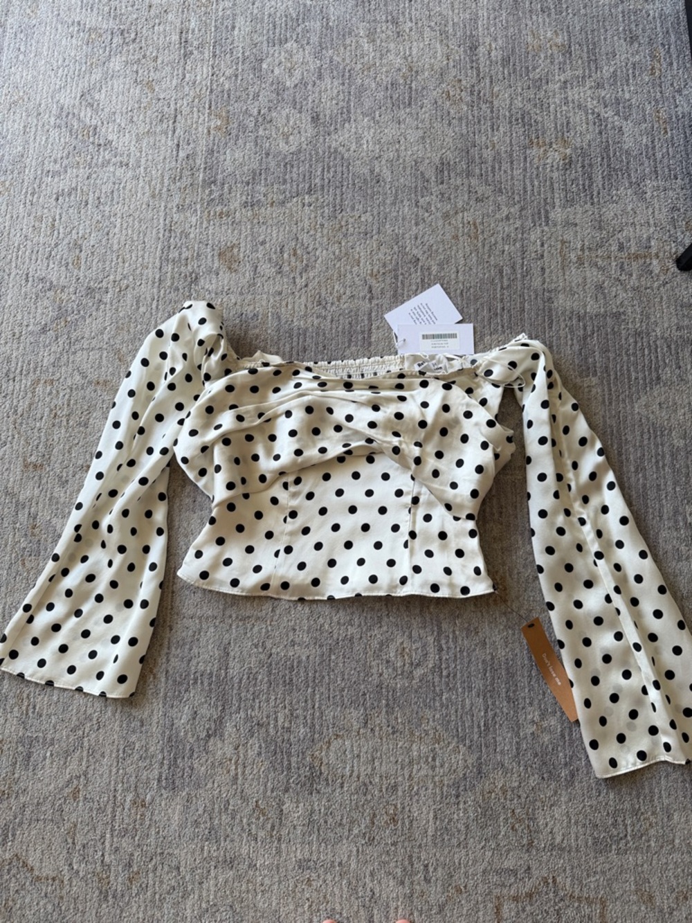 Polka Dot Off-Shoulder Long Sleeve Top - Cream/Black